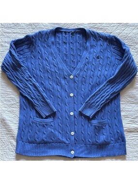 Ralph Lauren Cotton Blue Cable-Knit V-Neck Button Cardigan Sweater